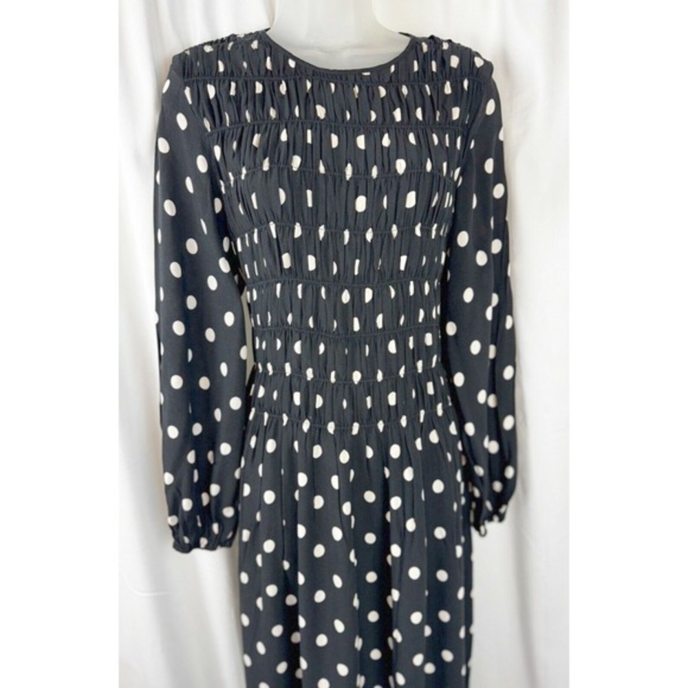 H&M Polka Dot Smocked Midi Dress Black White Long Sleeve M Rockabilly Chic 51-29 - Picture 8 of 15